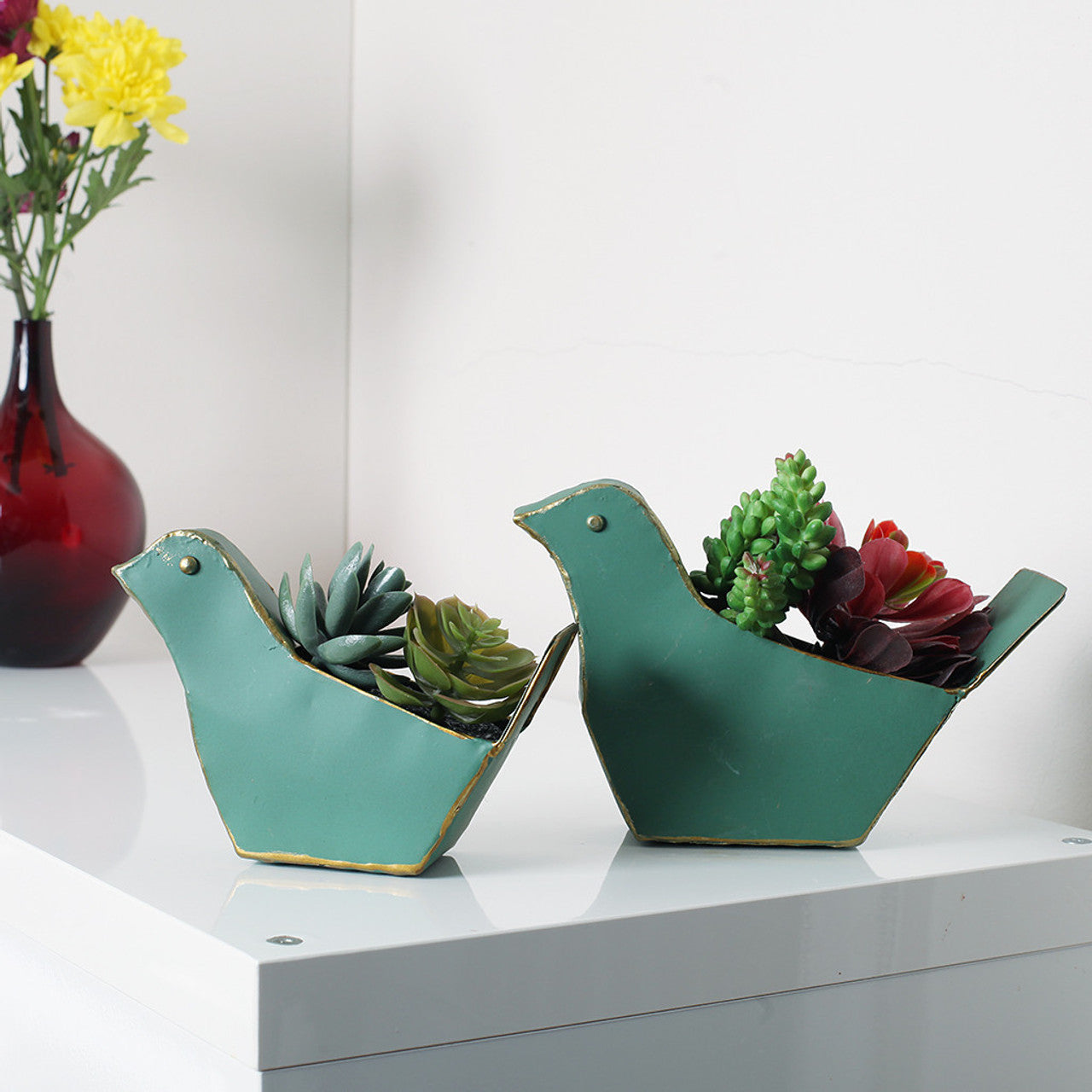 Turquoise Bird Metal Planter