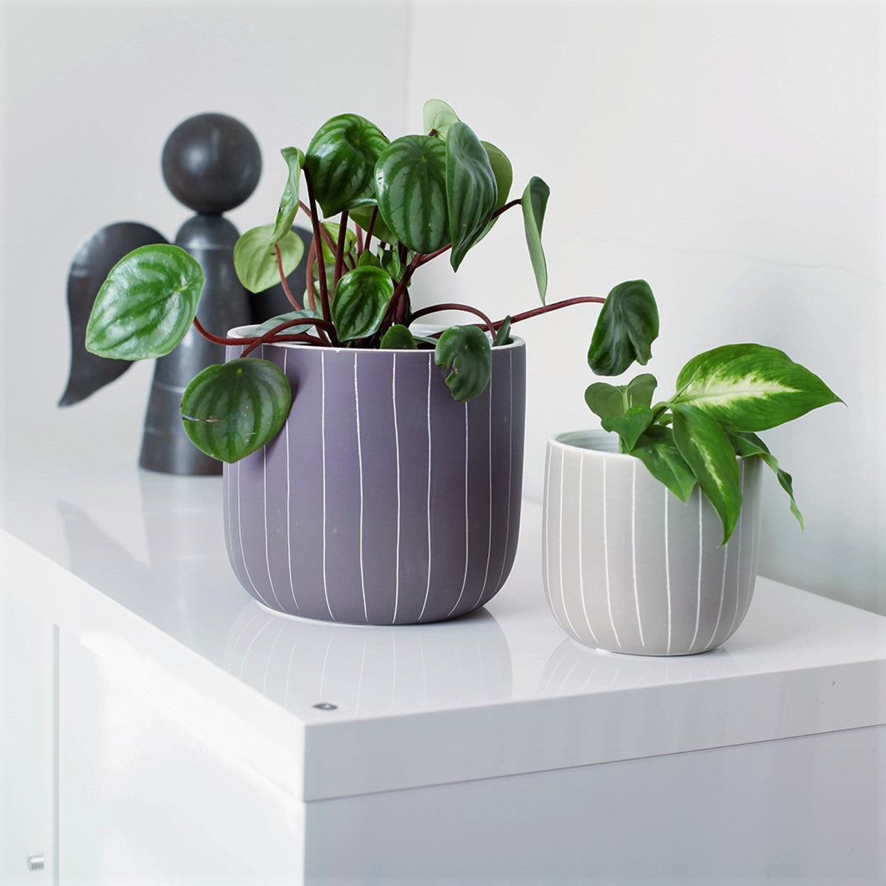 Hand Drawn Striped Ceramic Pot In Tan