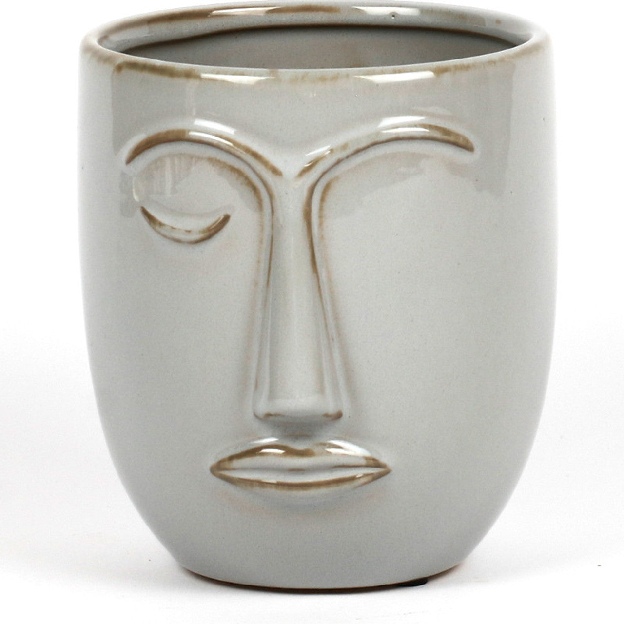 Tall Face Ceramic Pot In Grey