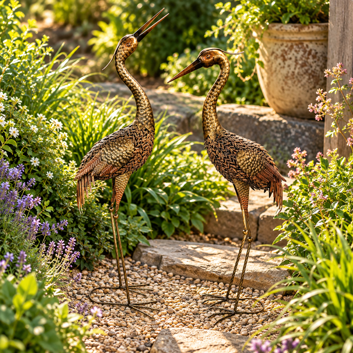 Bronze Metal Heron Looking Up Garden Sculpture