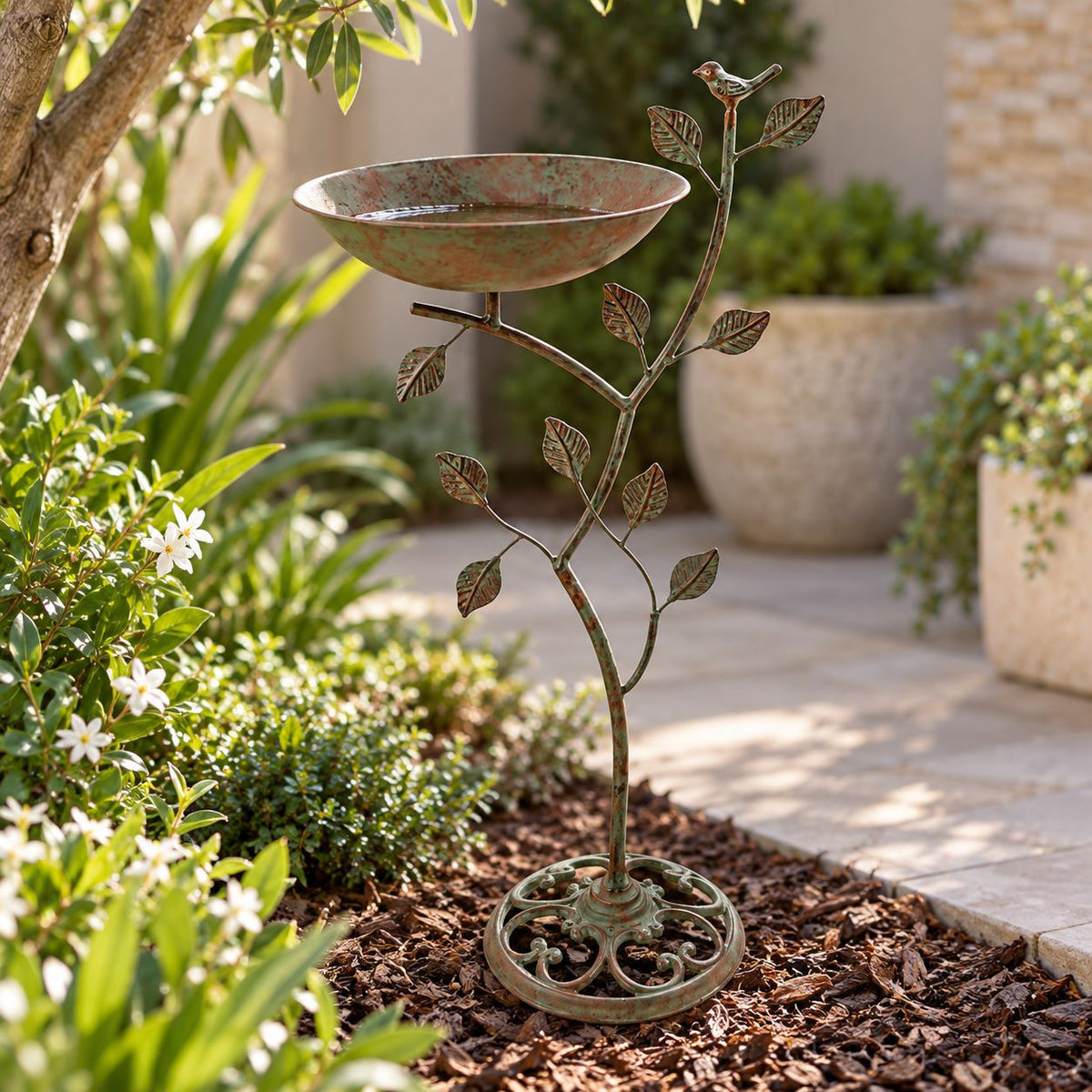 Perched Songbird Antique Metal Bird Bath