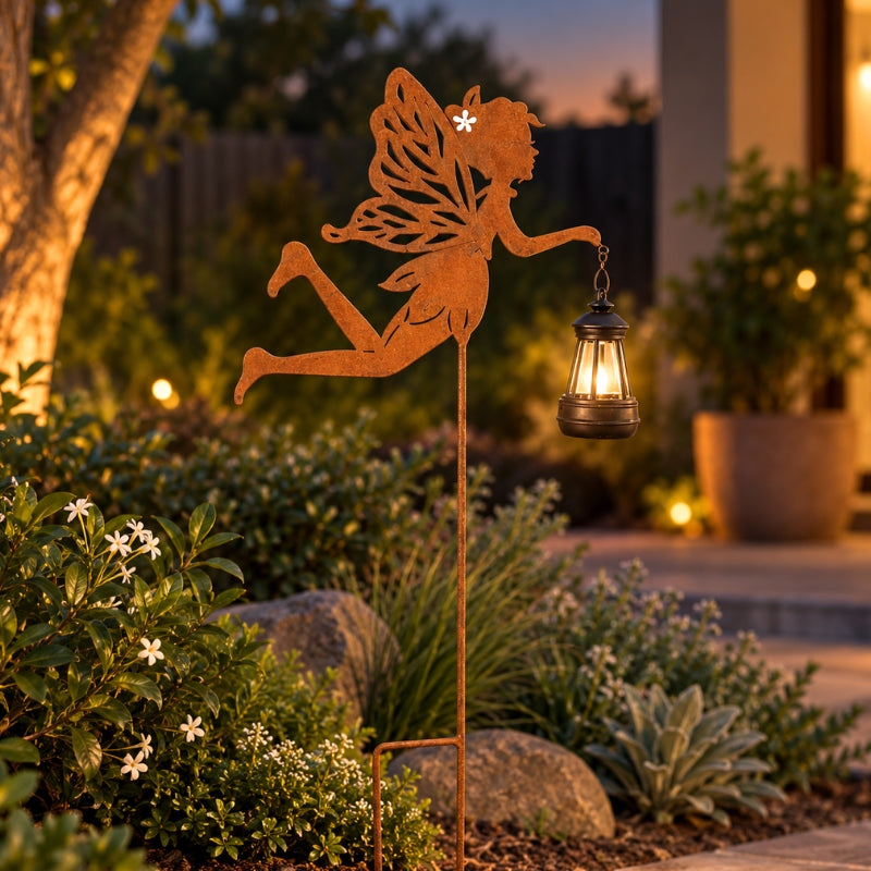 Fairy Wings Metal Garden Stake with Solar LED Lantern