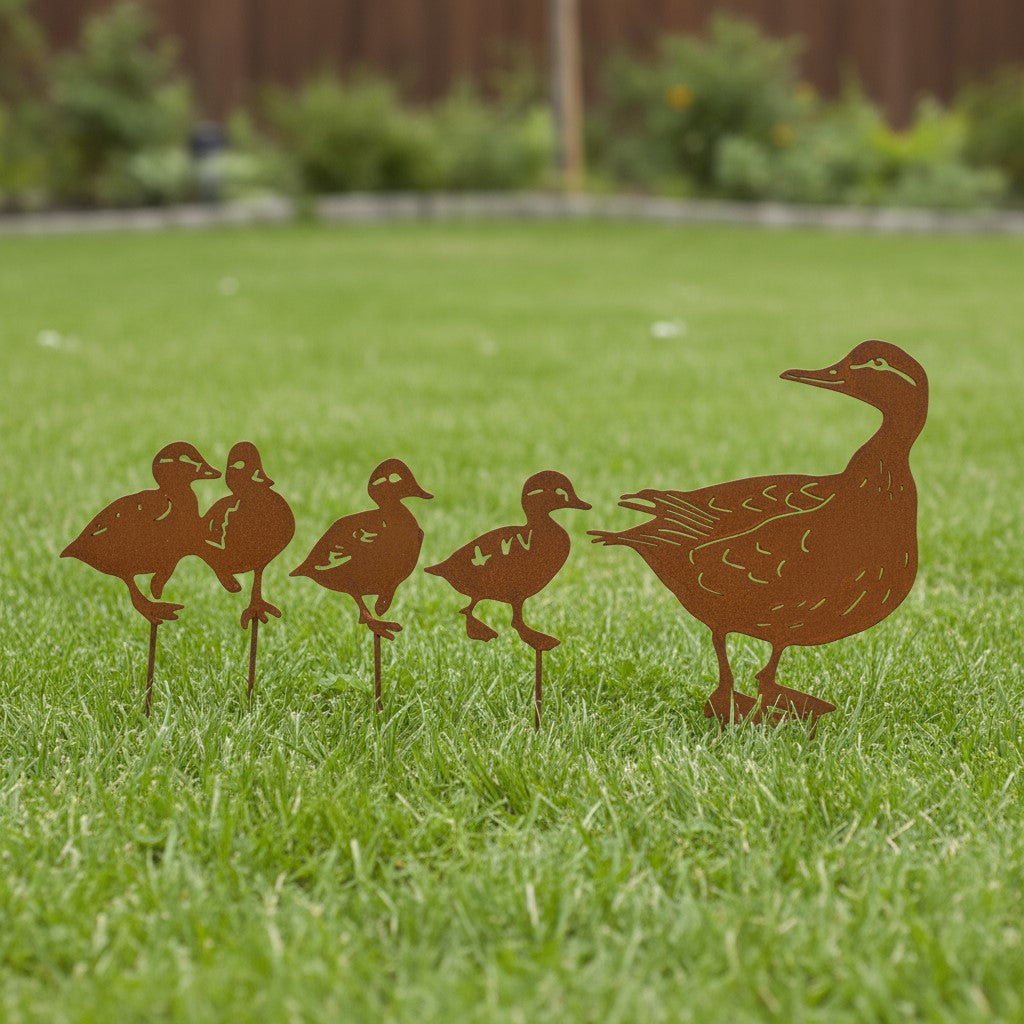 Rustic Duck and Family Garden Stakes