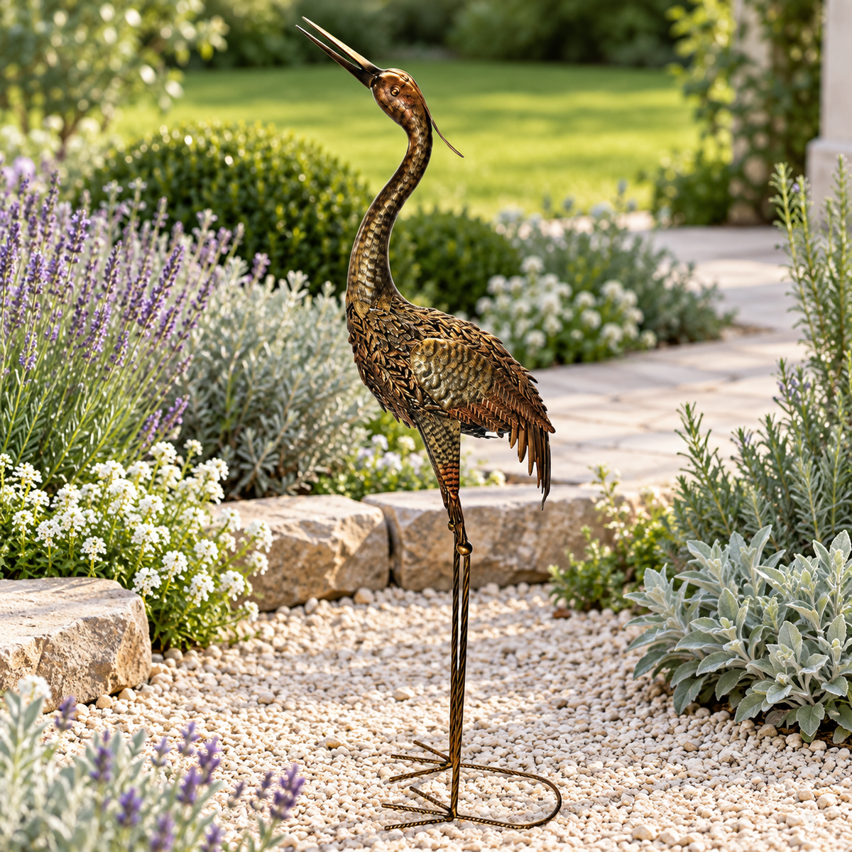 Bronze Metal Heron Looking Up Garden Sculpture