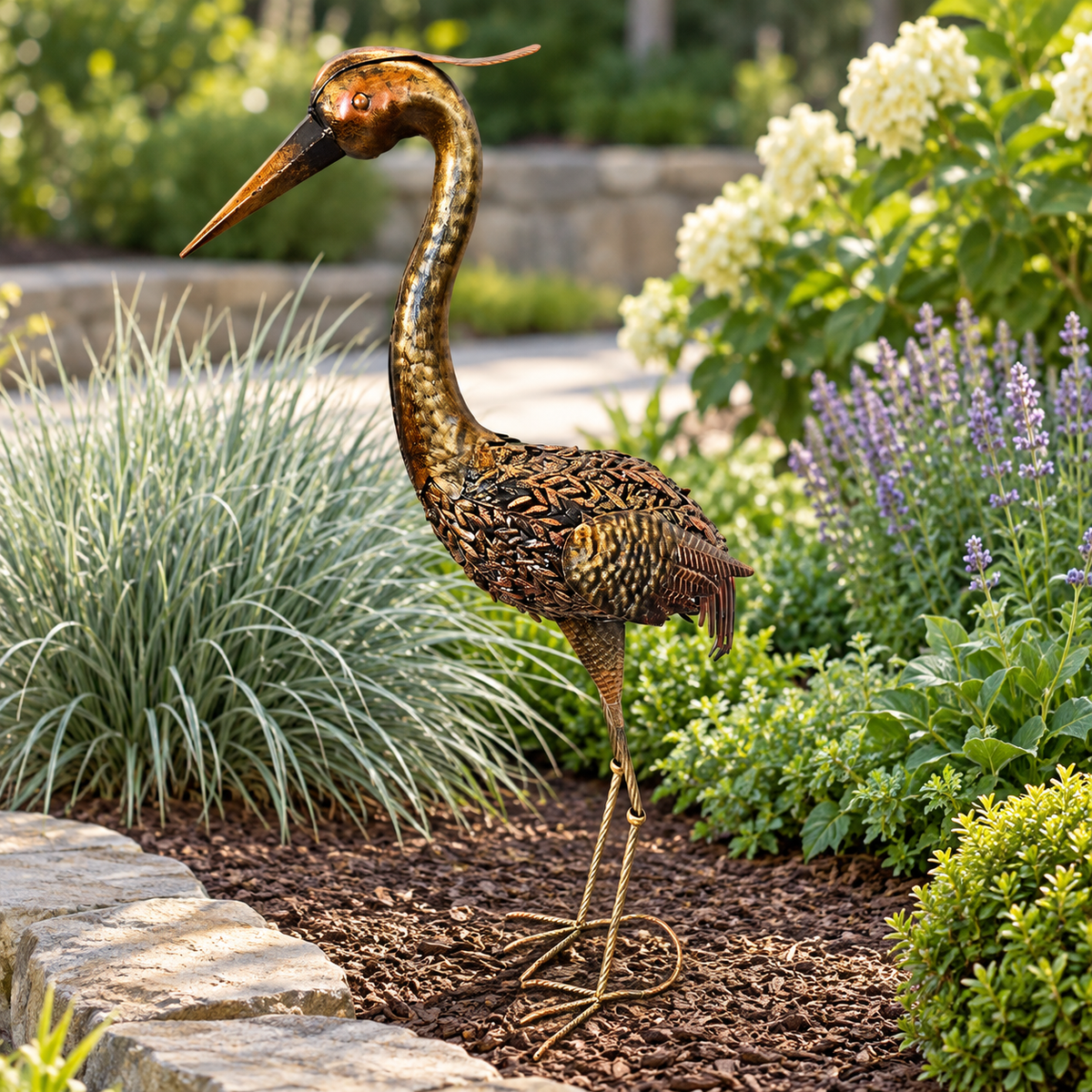 Bronze Metal Heron Looking Down Garden Sculpture