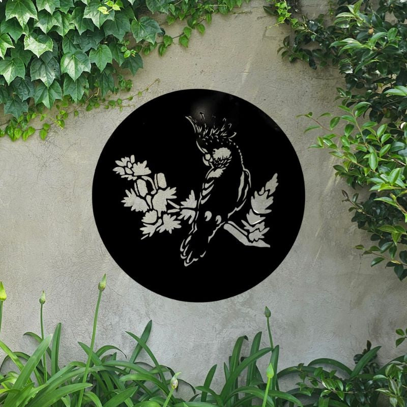 Black Cockatoo Silhouette Round Metal Wall Art