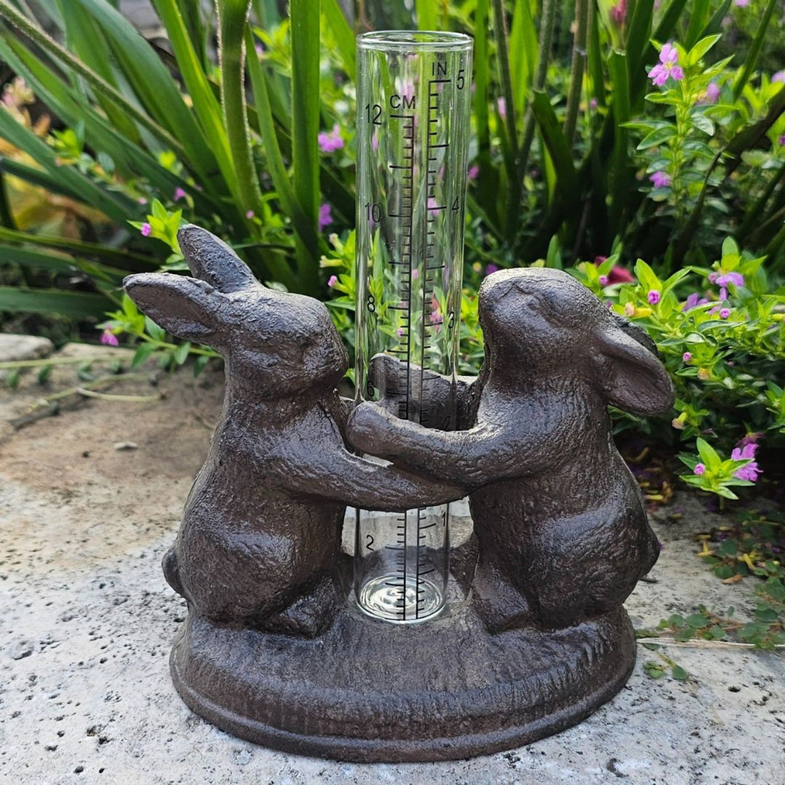 Rabbit Hug Cast Iron Rain Gauge