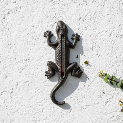 Cast Iron Gecko Garden Thermometer Decor