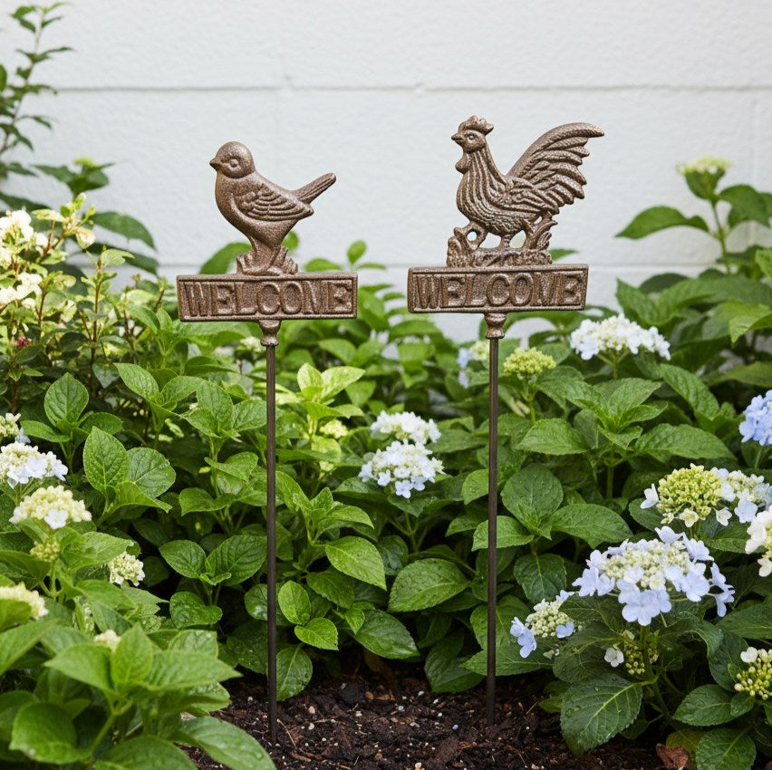 Cast Iron Farmyard Welcome Garden Stake Pair