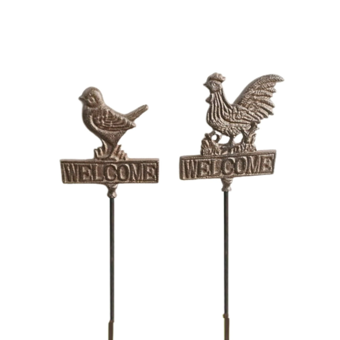 Cast Iron Welcome Garden Stake Pair with Bird and Rooster