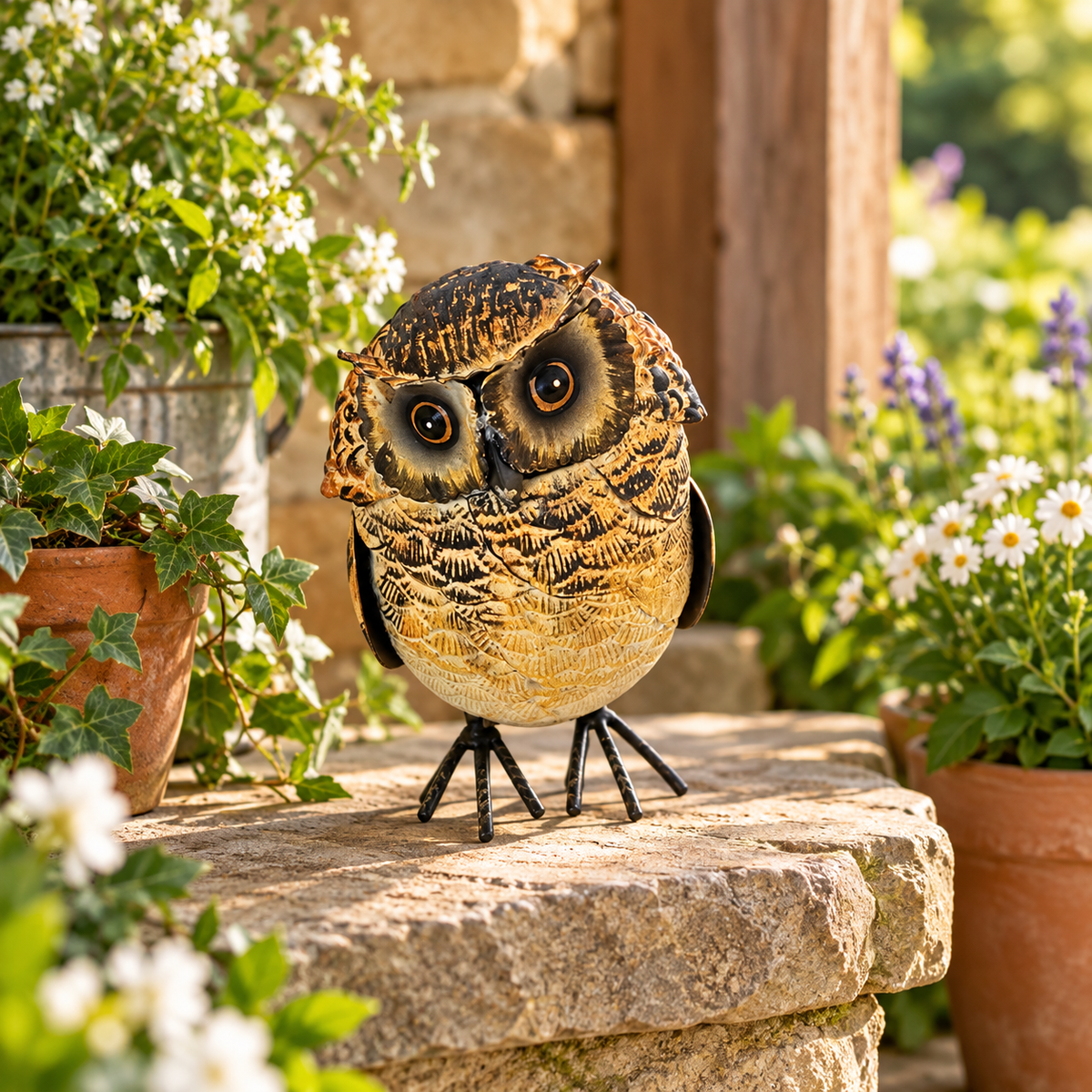 Natural Tone Metal Owl Garden Figurine Small