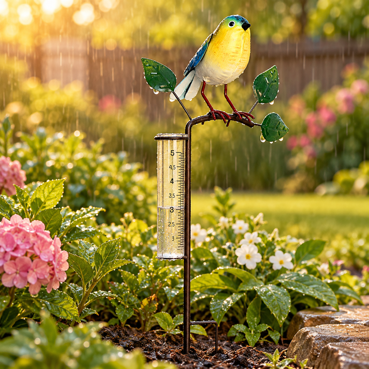 Turquoise-Blue Songbird Garden Rain Gauge