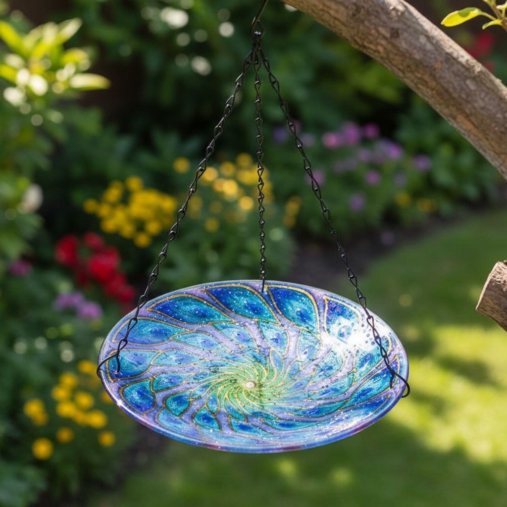 Hanging Glass Peacock Swirl Bird Feeder