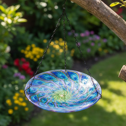 Hanging Glass Peacock Swirl Bird Feeder