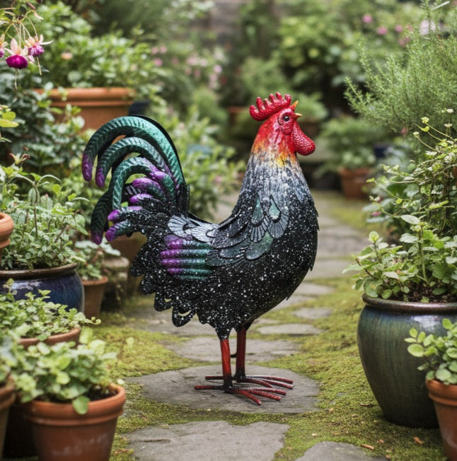 Black Metal Rooster Sculpture