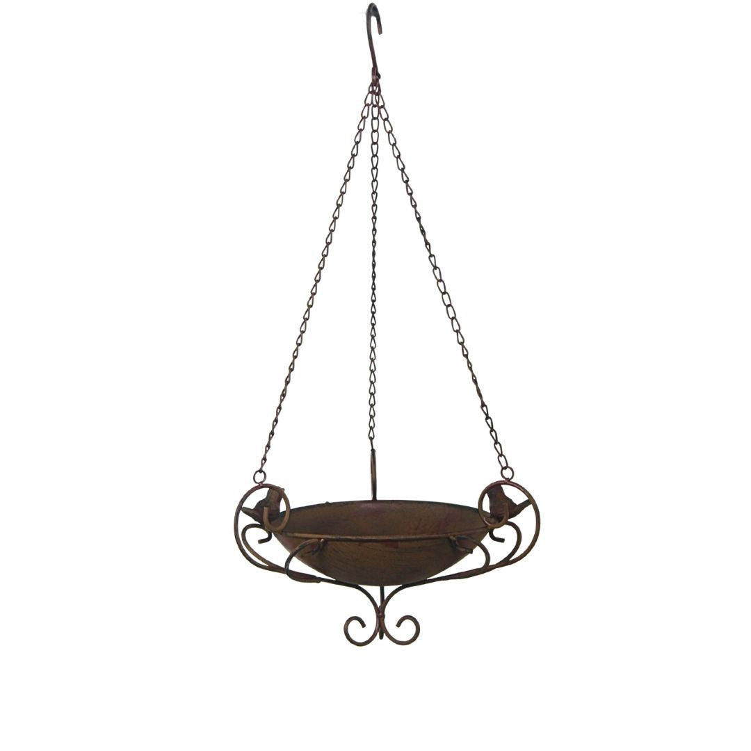 Decorative hanging bird bath with metal chain on a white background