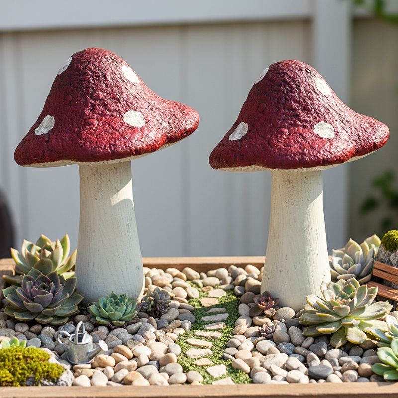 Storybook Red Toadstool Garden Ornament Pair