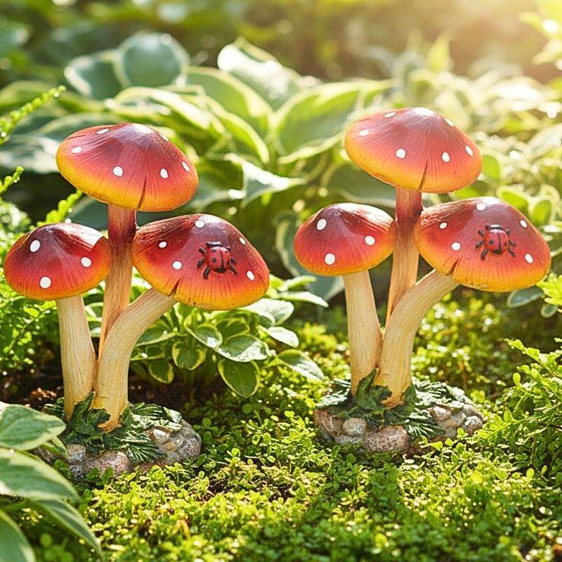 Spotted Red Toadstool Trio Garden Ornament Pair