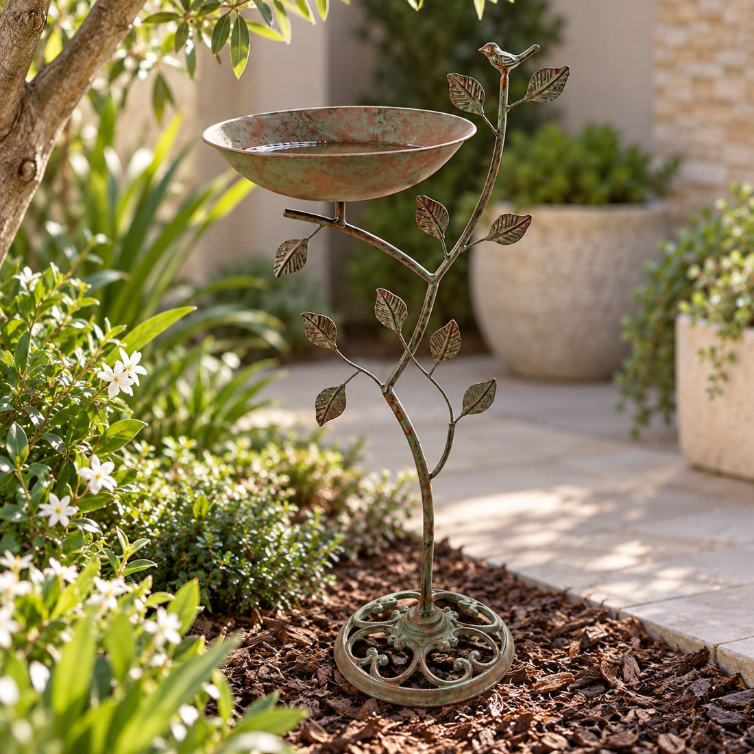 Perched Songbird Antique Metal Bird Bath