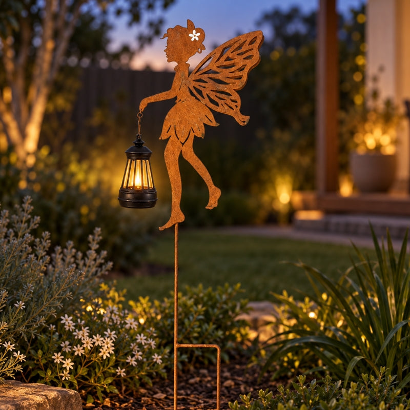 Patina Fairy Metal Garden Stake with Solar Lantern
