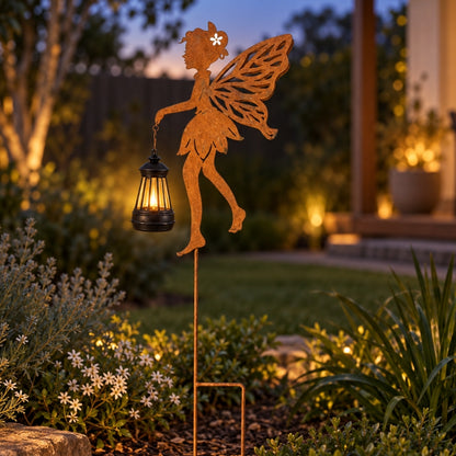Patina Fairy Metal Garden Stake with Solar Lantern