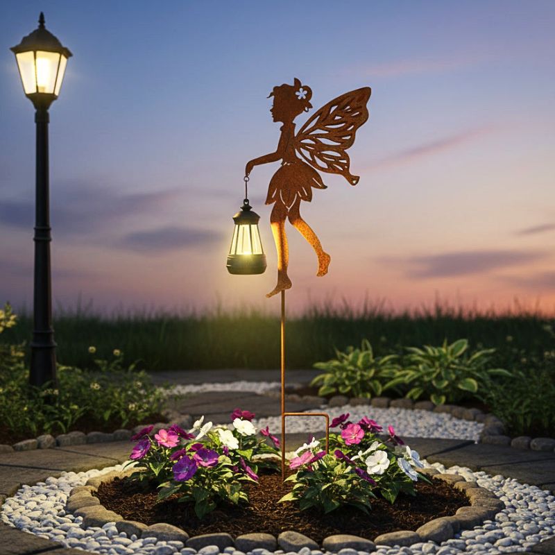 Patina Fairy Metal Garden Stake with Solar Lantern