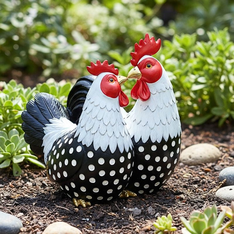 Polka Dot Rooster Lovebirds Garden Ornament