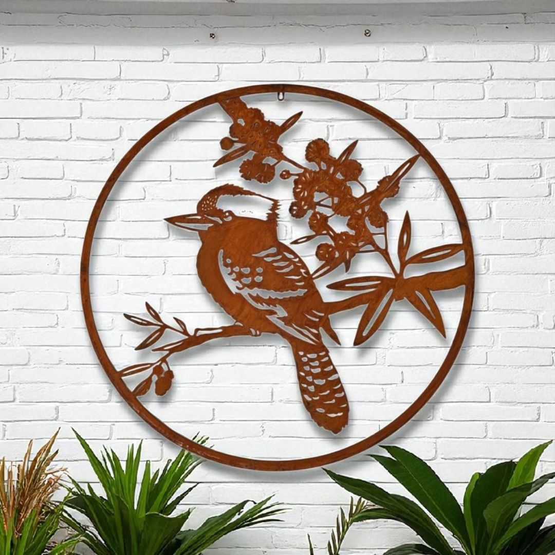 Rust Kookaburra in Wattle Blossom Metal Wall Art