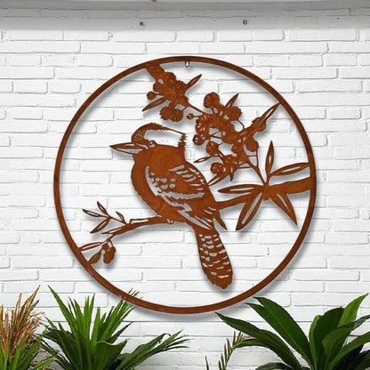 Rust Kookaburra in Wattle Blossom Metal Wall Art
