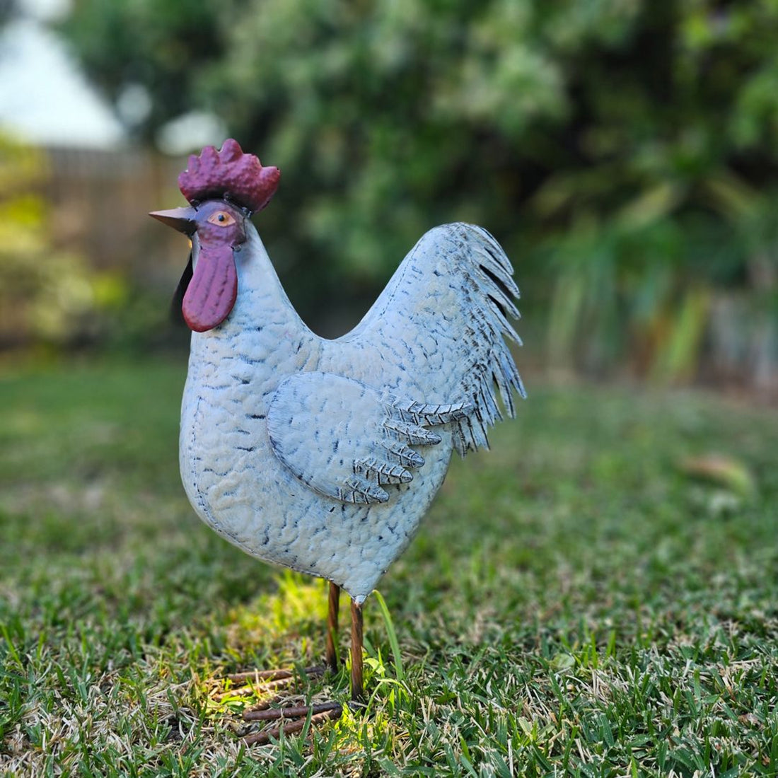 White rooster garden decor