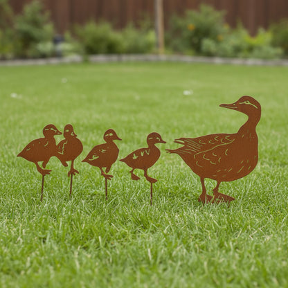 Rustic Duck and Family Garden Stakes