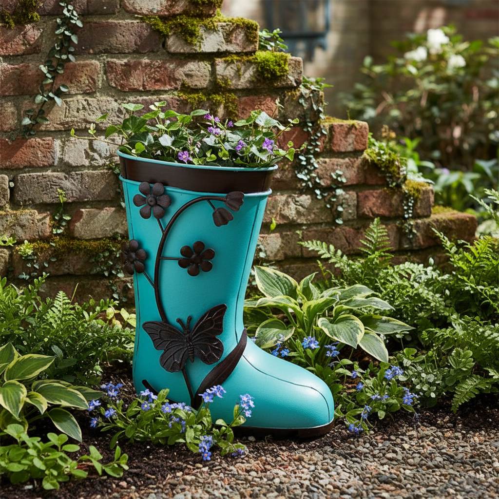 Hand Painted Blue Welly Boot Metal Planter