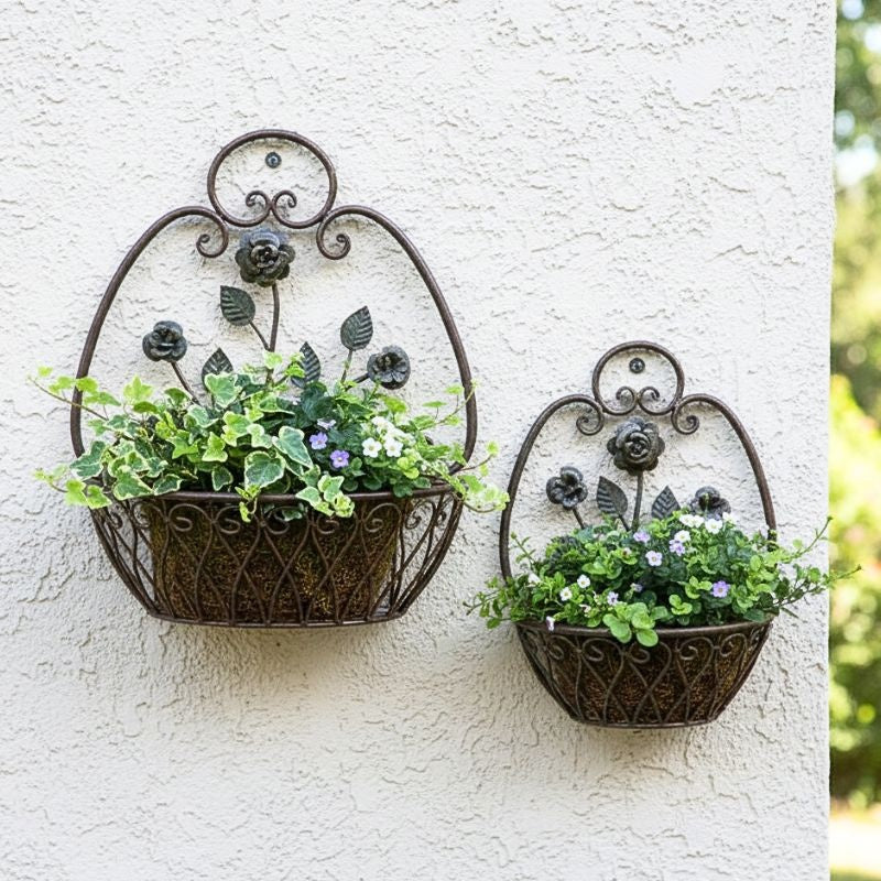 Vintage Flower Basket Metal Wall Planters – Set of 2