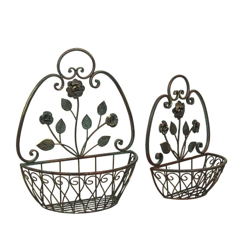 Vintage Flower Basket Metal Wall Planters – Set of 2